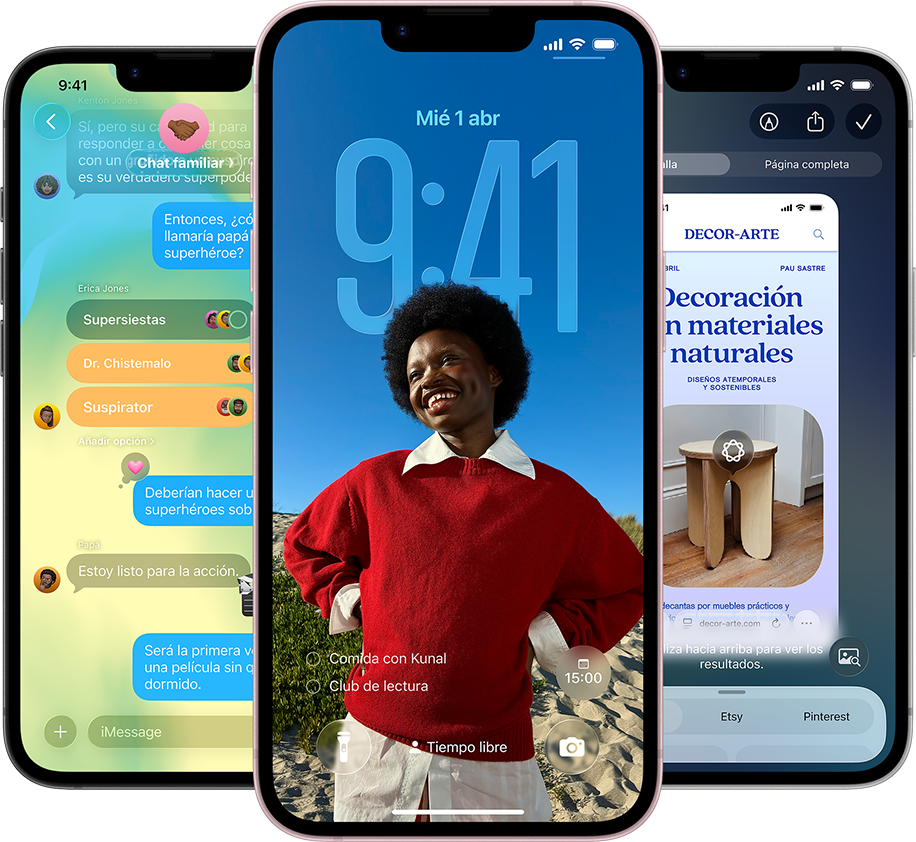 Tres iPhone 17e, se muestra la app Mensajes con el dise&ntilde;o Liquid Glass, la pantalla de bloqueo din&aacute;mica y la inteligencia visual en uso