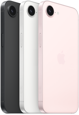 iPhone 17e, parte lateral y trasera, color negro, parte lateral y trasera, color blanco, parte lateral y trasera, color rosa palo, cámara Fusion en la parte superior, botón lateral
