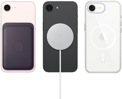 iPhone 17e en color rosa palo con una cartera de trenzado fino en color p&uacute;rpura medianoche, iPhone 17e en color negro y cargador MagSafe, iPhone 17e en color blanco con funda transparente con MagSafe