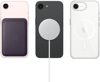 iPhone 17e en color rosa palo con una cartera de trenzado fino en color p&uacute;rpura medianoche, iPhone 17e en color negro con cargador MagSafe, iPhone 17e en color blanco con funda transparente con MagSafe