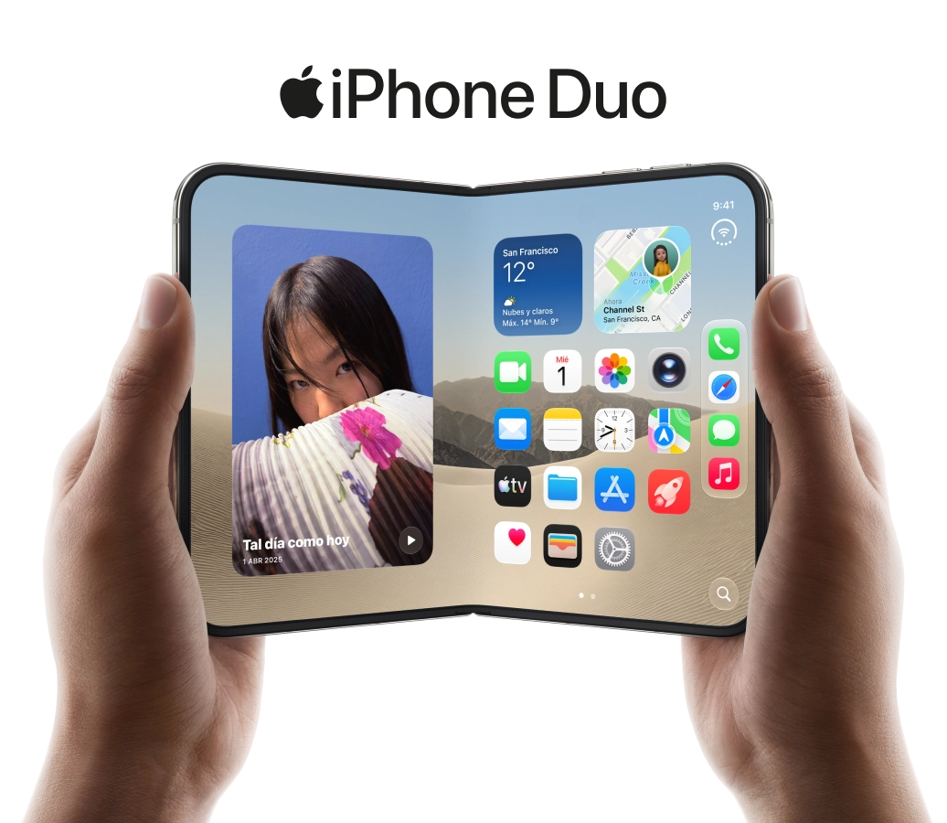 Dos manos sostienen el iPhone Duo abierto