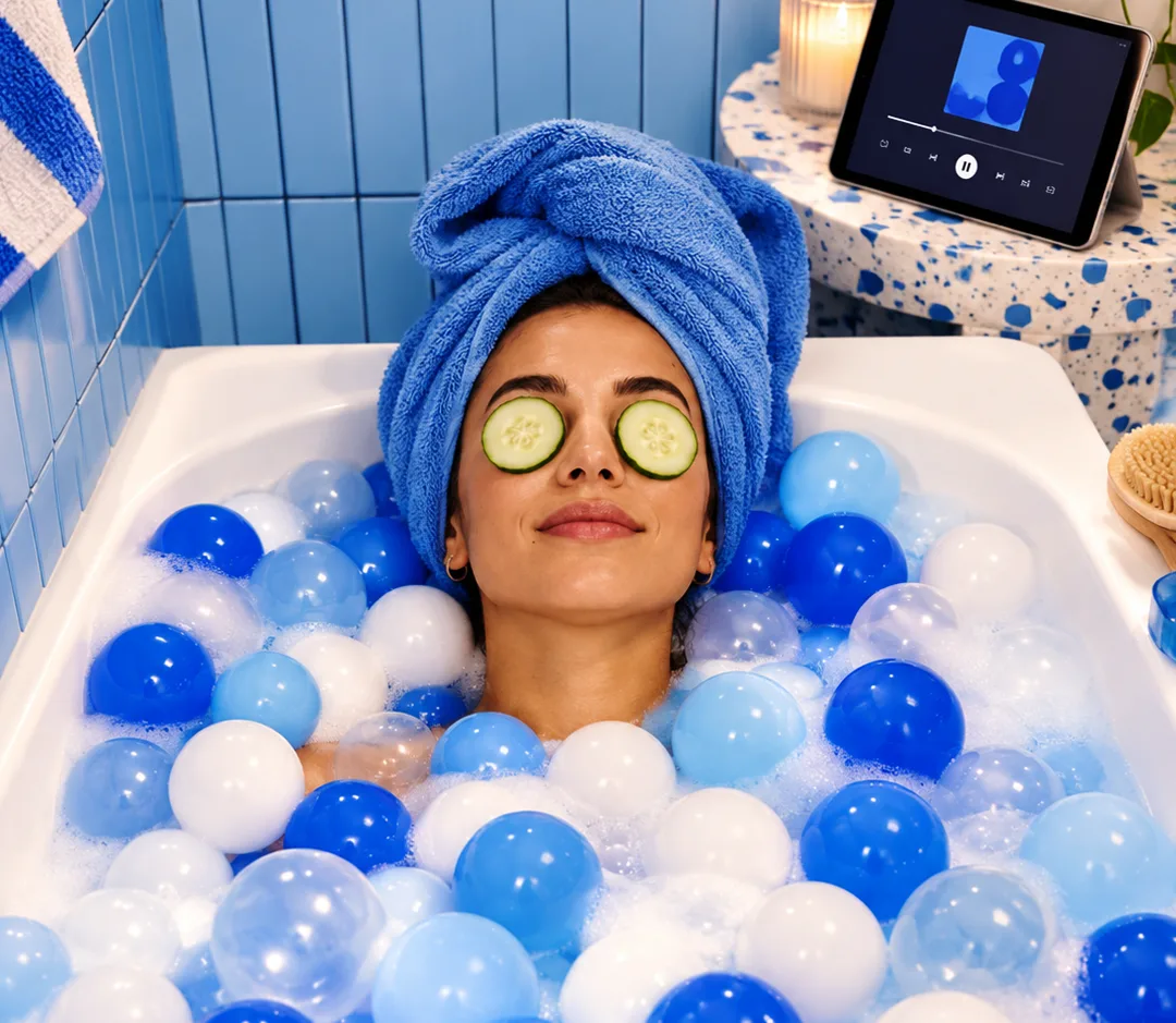 Una chica se relaja en una bañera de bolas azules con rodajas de pepino en los ojos